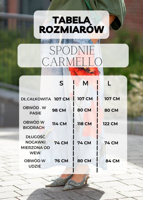 Tabela Rozmiarów S,M,L, Spodnie Damskie Carmello Camel