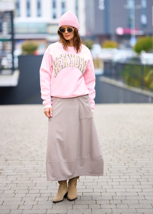 Gładka dresowa Bluza damska New York w pastelowym różu z aplikacją NEW YORK, oversize z długim rękawem