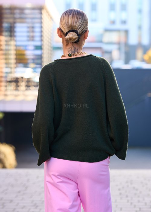 Miękki sweter damski Effortless z wełną i kaszmirem w jednolitym khaki o luźnym oversize kroju z raglanami
