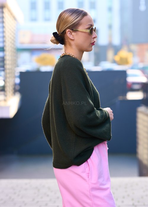 Miękki sweter damski Effortless z wełną i kaszmirem w jednolitym khaki o luźnym oversize kroju z raglanami