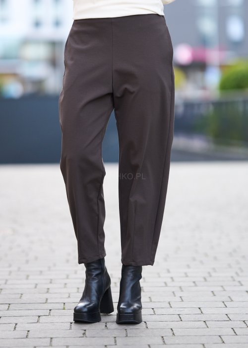 Brązowe spodnie damskie o luźnym kroju i prostej nogawce, gładki materiał, styl minimalistyczny