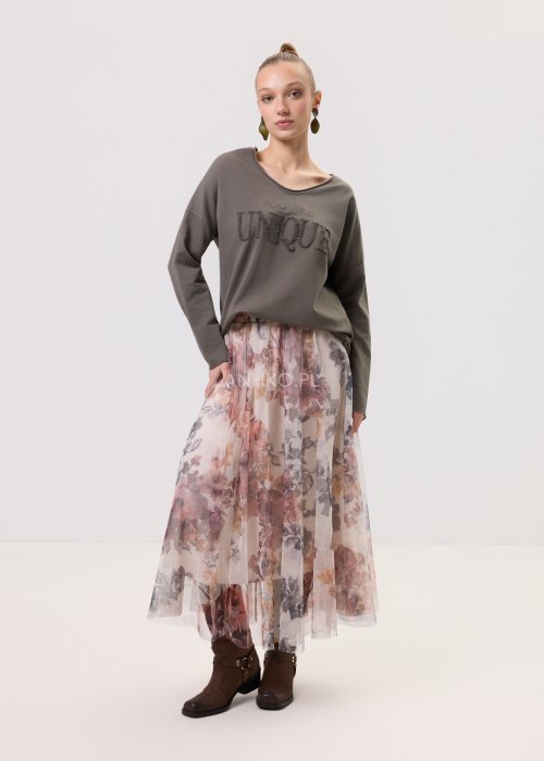 Khaki damska bluzka Script Longsleeve o luźnym kroju, z długim rękawem i szerokim dekoltem. Model z ozdobnym, wypukłym napisem „You Are Unique” na przodzie.