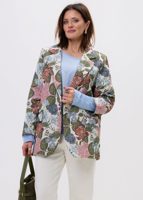 Elegancka marynarka w floral print z długim rękawem i swobodnym krojem, idealna do stylizacji smart casual.