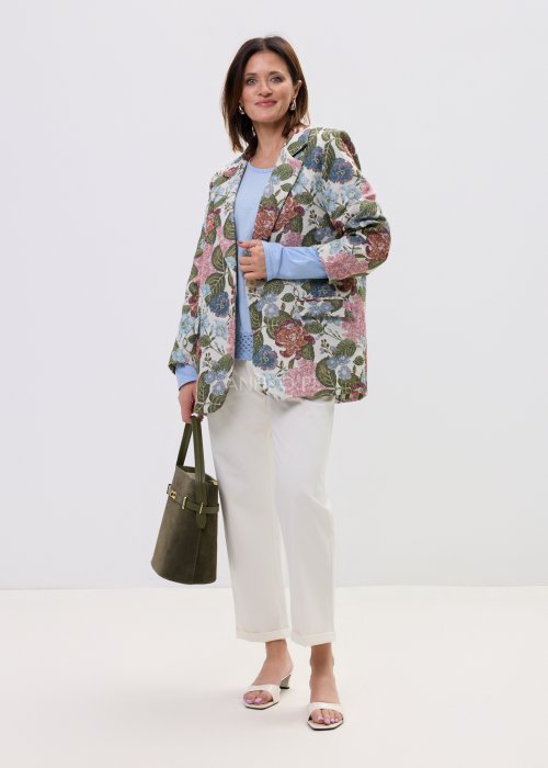Elegancka marynarka w floral print z długim rękawem i swobodnym krojem, idealna do stylizacji smart casual.