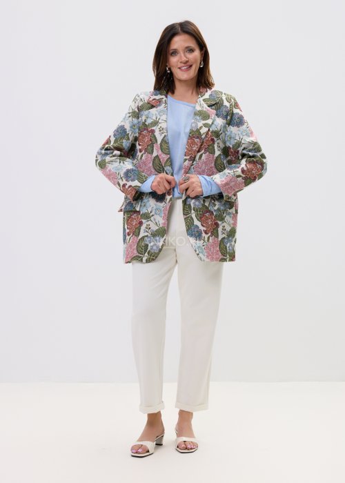 Elegancka marynarka w floral print z długim rękawem i swobodnym krojem, idealna do stylizacji smart casual.