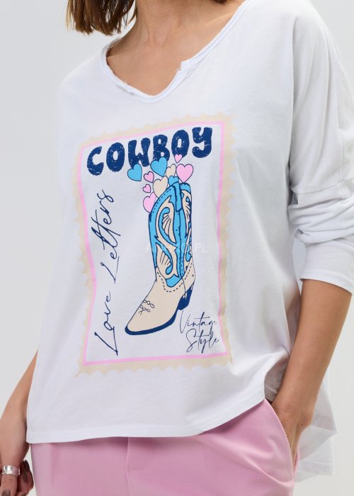 Bluzka damska biała z nadrukiem cowboy – luźna bluzka casual