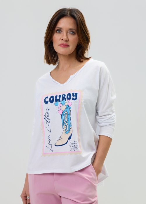 Bluzka damska biała z nadrukiem cowboy – luźna bluzka casual