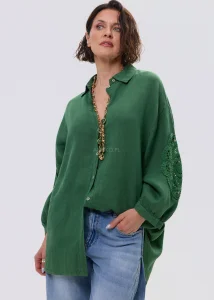 Koszula Lniana Crochet Sleeves Ciemnozielona
