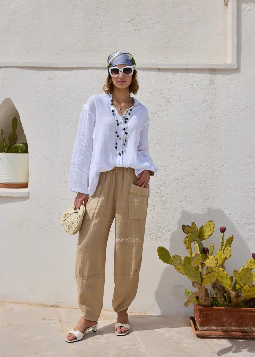 Spodnie Lniane Pocket Blanc Camel 