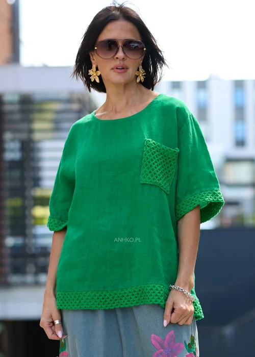 Bluzka Lniana Crochet Zielona 