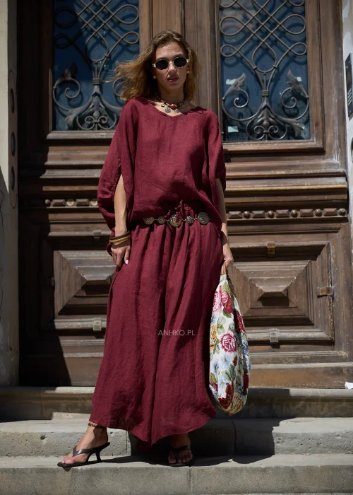 Bluzka Lniana Sole Anne Bordowa