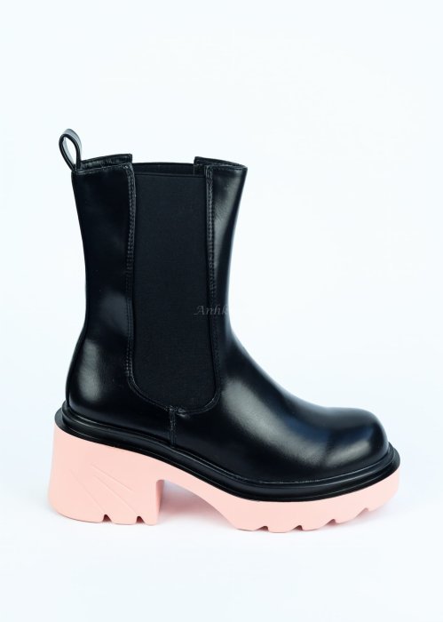 Buty 8818 czarne Botki z ecoskóry z różowa podeszwą