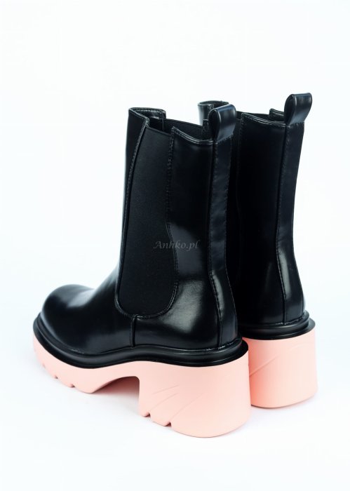 Buty 8818 czarne Botki z ecoskóry z różowa podeszwą